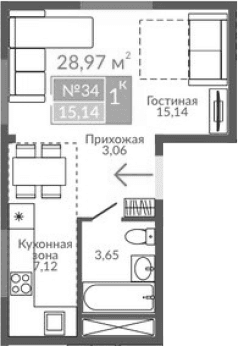 Студия, 28.97 м²