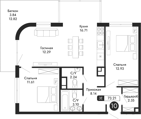 3-комн., 69.37 м²