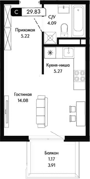 Студия, 28.66 м²