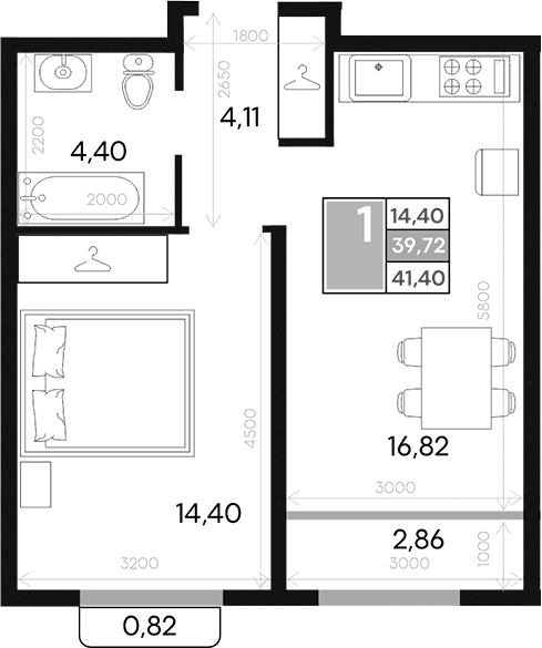 1-комн., 39.72 м²