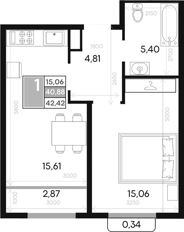 1-комн., 40.88 м²