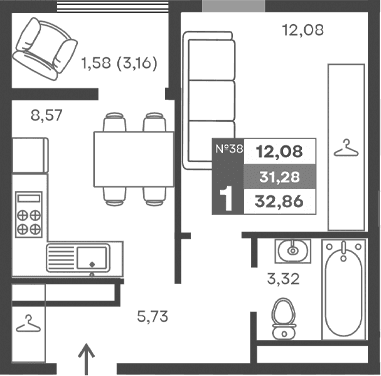 1-комн., 29.7 м²