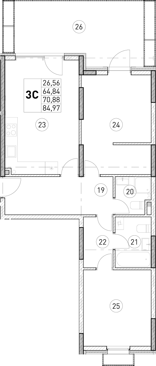 3-комн., 64.84 м²