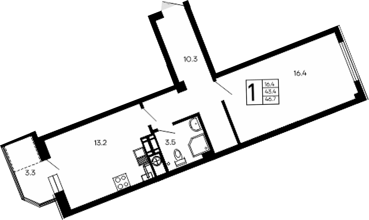 1-комн., 43.4 м²