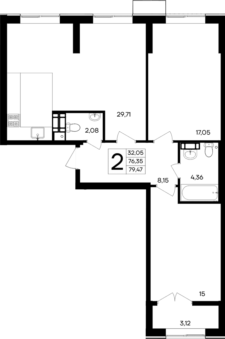 2-комн., 76.35 м²