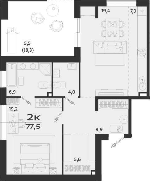 1-комн., 72 м²