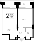 1-комн., 43.1 м²