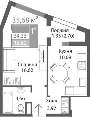 1-комн., 34.33 м²