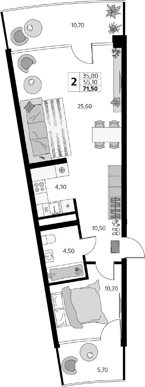 2-комн., 55.1 м²