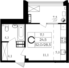 Студия, 28.2 м²