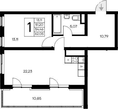 1-комн., 51.2 м²