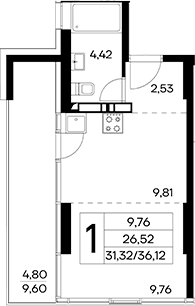 Студия, 31.32 м²