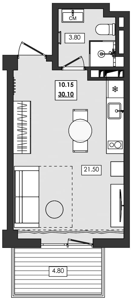 Студия, 25.3 м²