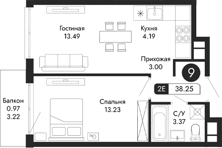 2-комн., 37.28 м²