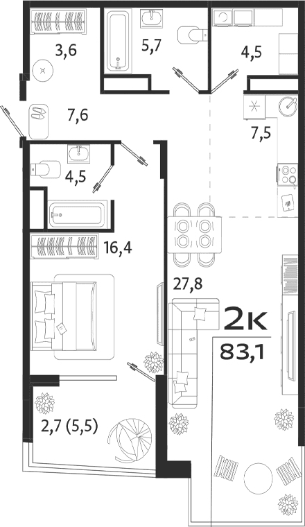 1-комн., 77.6 м²