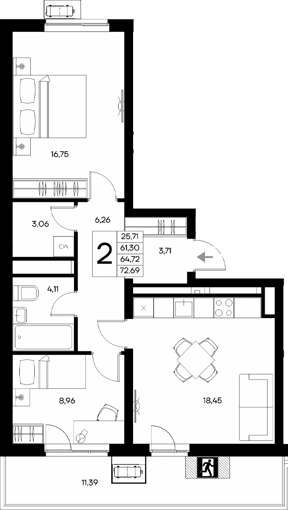 2-комн., 61.3 м²