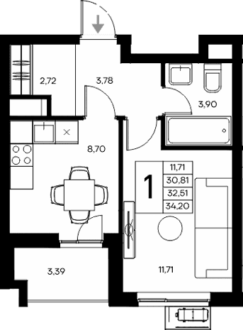 1-комн., 30.81 м²