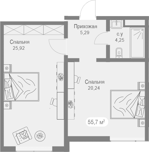 1-комн., 56.42 м²