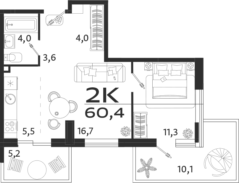 2-комн., 45.1 м²