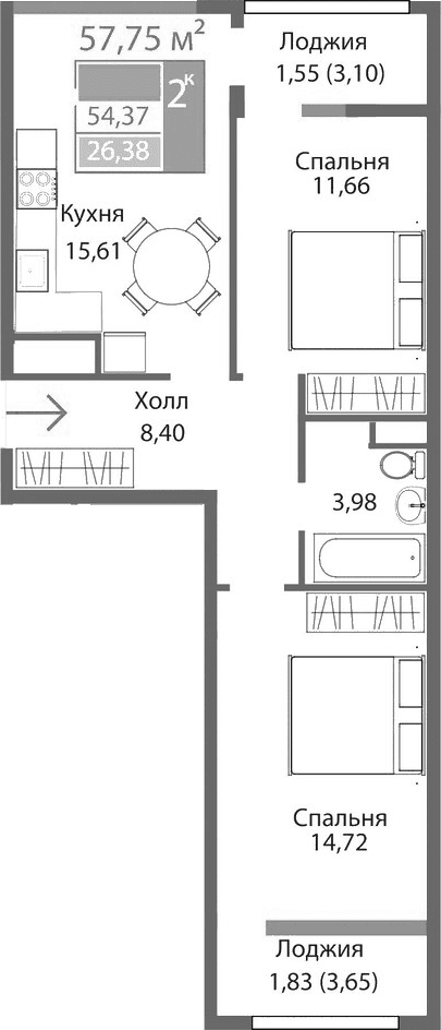 2-комн., 54.37 м²