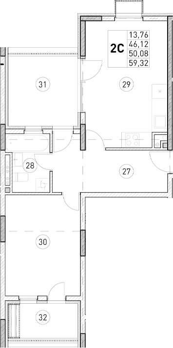 1-комн., 46.56 м²