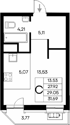 Студия, 27.92 м²