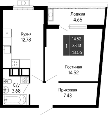 1-комн., 38.41 м²