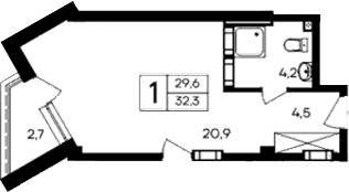 Студия, 29.6 м²