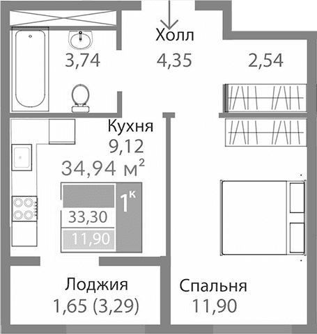 1-комн., 31.65 м²