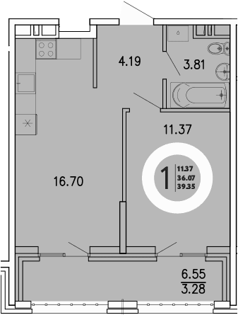 1-комн., 36.07 м²