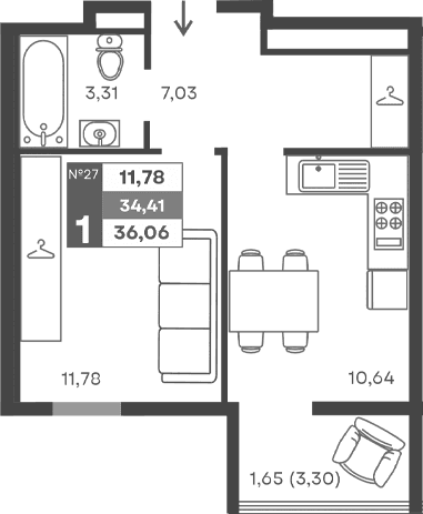 1-комн., 32.76 м²