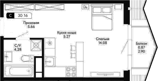 Студия, 29.29 м²