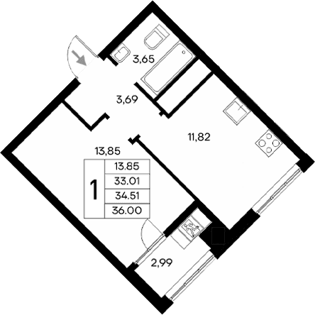 1-комн., 33.01 м²