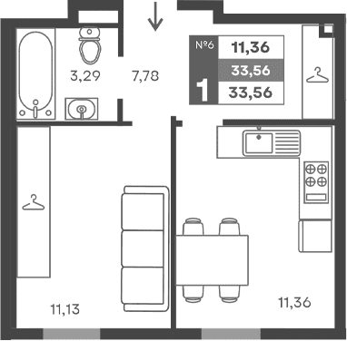 1-комн., 33.56 м²