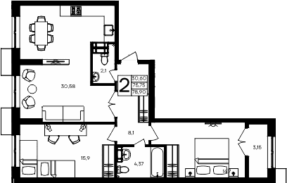 2-комн., 75.75 м²
