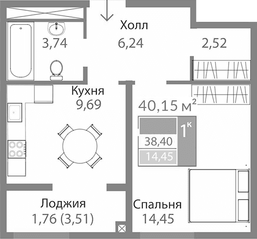 1-комн., 36.64 м²