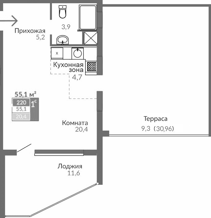 Студия, 34.2 м²