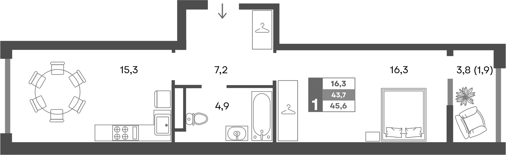 2-комн., 43.7 м²