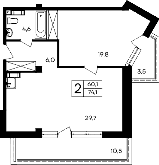 1-комн., 60.1 м²