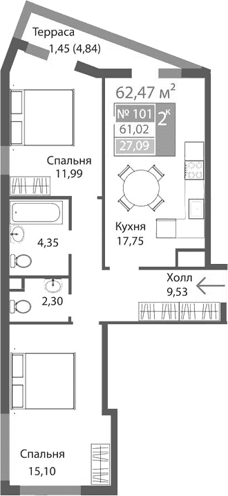 2-комн., 61.02 м²