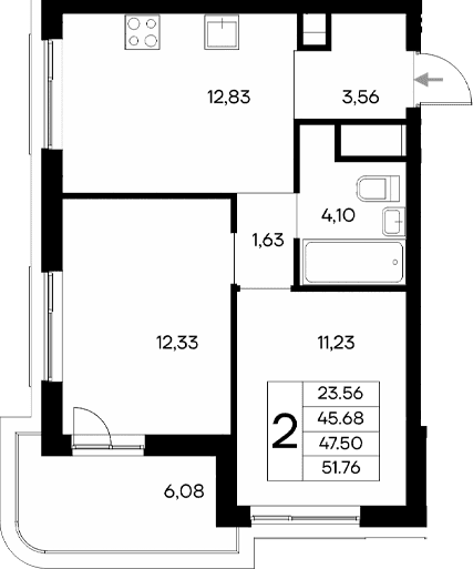 2-комн., 45.68 м²