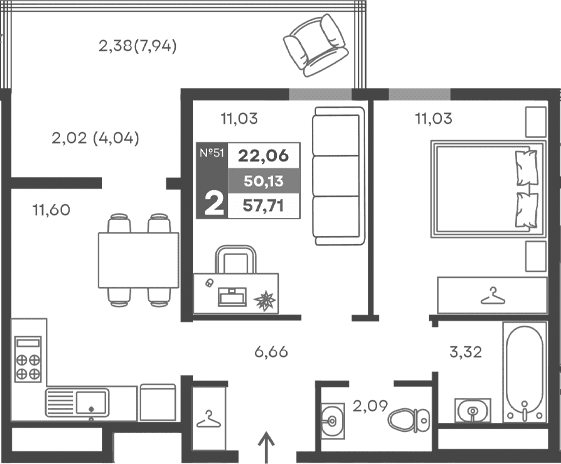 2-комн., 45.73 м²