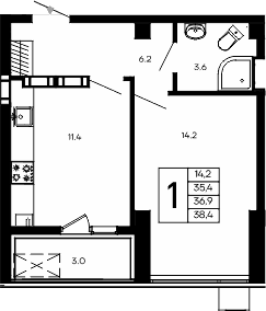 1-комн., 35.4 м²