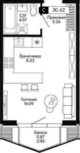 Студия, 29.75 м²