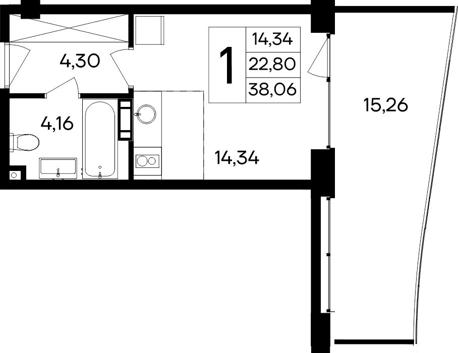 Студия, 22.8 м²