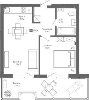 2-комн., 40.72 м²