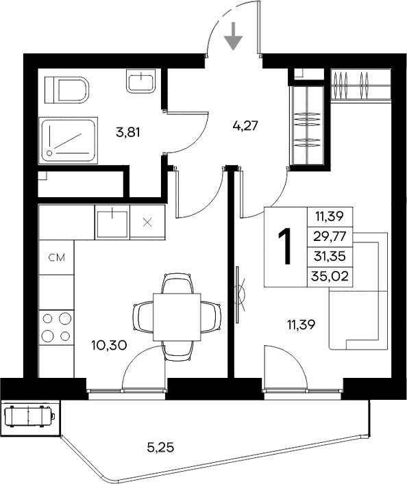 1-комн., 29.77 м²