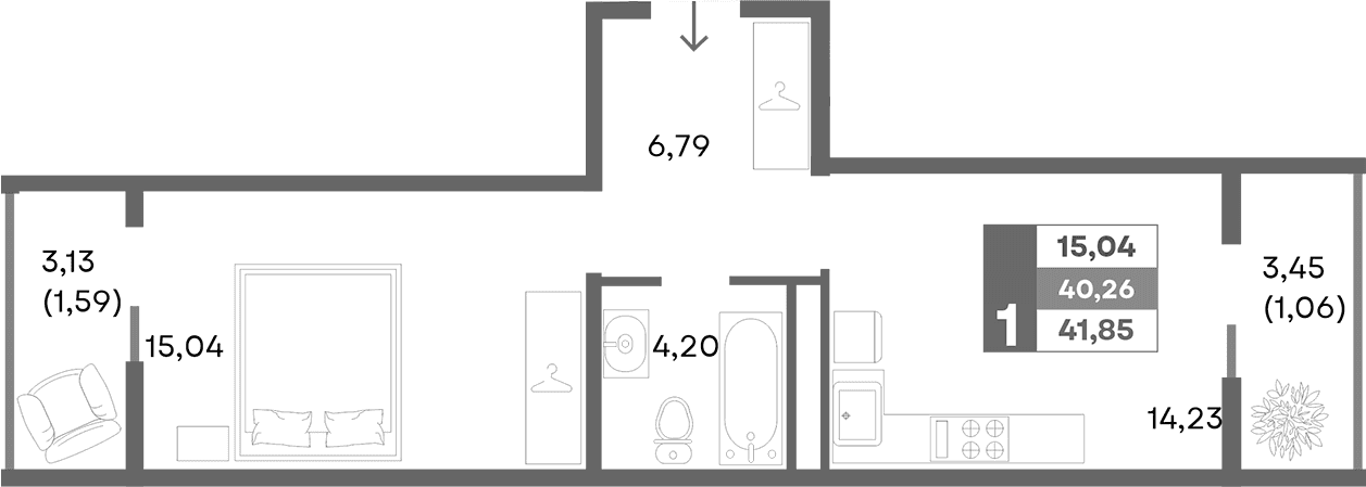 1-комн., 39.2 м²