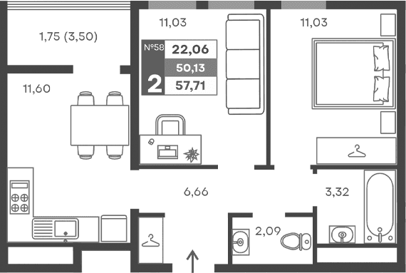 2-комн., 45.71 м²
