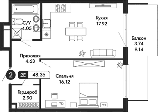 2-комн., 44.62 м²